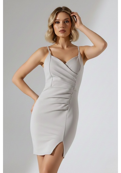Defymoda Kadın Esnek Yapılı İnce Askı Elbise Gri