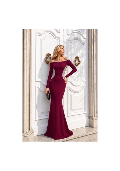 Lior Design Kadın Trend Dik Yaka Maxi Uzun Kollu Abiye Elbise Mor