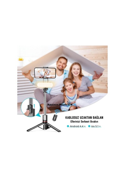 Led Işıklı Selfie Çubuğu & Tripod 111 Cm Uzatılabilir, 360 Döner Telefon Tutucu, Çıkarılabilir Bluetooth Diğer
