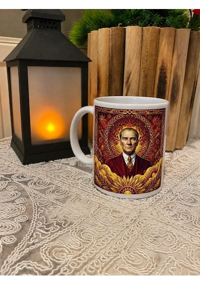Kişiye Özel Sarı Kırmızı Renk Tasarımlı Atatürk Görsel Temalı Kupa Bardak 2 Sarı - Kırmızı