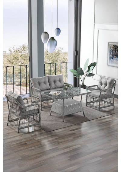Breda Rattan Örgü Bahçe Balkon Takımı 2+1+1 Cam Masalı Gri Gri
