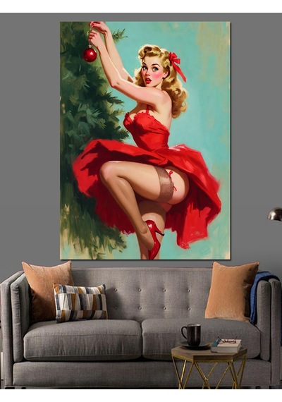 Ahşap Tablo Kırmızı Elbiseli Pin-up Kız