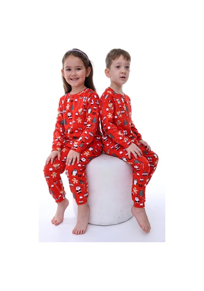 Bunny Hopp %100 Pamuk Interlok Kumaş Unisex Kız Ve Erkek Çocuk Yılbaşı Pijama Takımı Kırmızı Noel Temalı