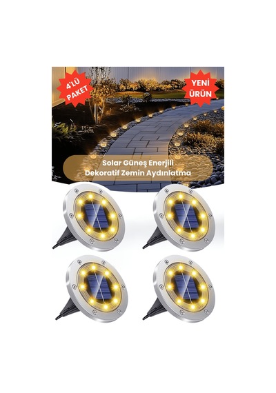 Trendpoint 4adet Güneş Enerjili Ultra Parlak Smd 8led Çim Zemin Bahçe Aydınlatma Paslanmaz Çelik Abs Sarı