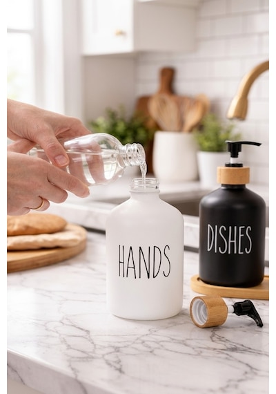 Buççin Online Mağaza Bambu Altlıklı Bambu Kapaklı İkili Cam Sıvı Sabunluk & Deterjanlık Seti 2 500 Ml- 16,5 X 9 X 21 Cm Çok Renkli