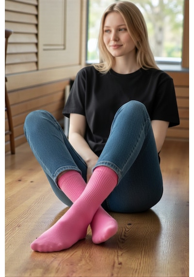 Socks Stores 6 Çift Unisex Renkli Pamuklu Soket Çorap - Renkli Tenis Boy Çorap Pembe