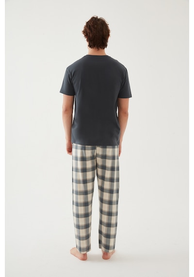 Erkek Pamuklu Üst Füme Göğüs Cepli Kısa Kollu Pijama Takımı Ke30304 Yeşil