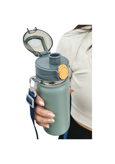 304 L Çelik Mavi 600 ml Askılı ve Pipetli Matara Suluk cin411mv