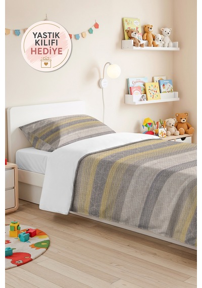 Gri Çizgili Geometrik Tek Kişilik Pike Takımı - Modern Sarı Bej 160x220 Cm Kapitone Yatak Örtüsü Mercansı Kakao Dengesi
