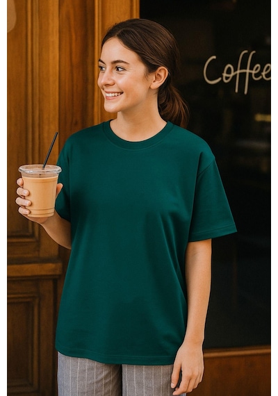 Kadın Yeşil %100 Pamuk Oversize Basic Tişört Rahat Kalıp Relaxed Bisiklet Yaka T-shirt Çok Renkli