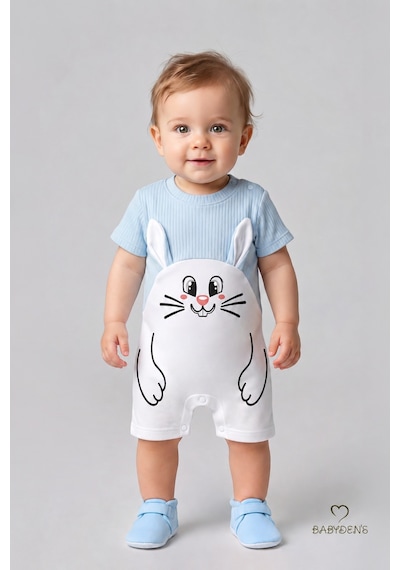 Babyden's Tavşan Baskılı Şortlu Erkek Bebek Tulum %100 Pamuk Yazlık Kısa Kollu Çıtçıtlı Yenidoğan Bebek Tulumu 0-9 Ay Bebe Mavisi
