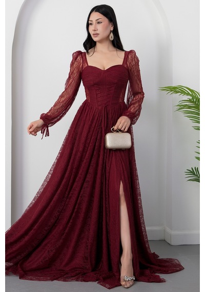 Kalopya Kalp Yaka Uzun Kol Dantel Elbise Ecr5733 Bordo