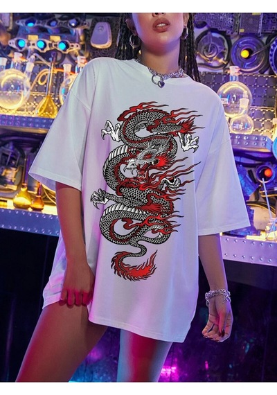 Flood Of Style Kadın Beyaz Dragon Baskılı Oversize Bisiklet Yaka T-shirt