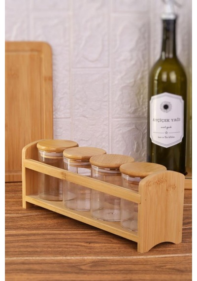 Bambu Silikonlu Kapaklı Borosilikat Cam Standlı Baharatlık - 250 Ml Baharat Takımı 13 Parça Kahverengi - Şeffaf