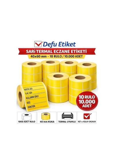 Defu Etiket Sarı Termal Eczane Etiketi, 40x60 Mm, 10 Rulo, 10.000 Adet, 40 Mm Kuka 1