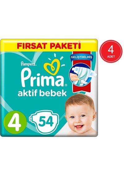 Prima Pampers Aktif Bebek Fırsat Paketi Bebek Bezi 9-14 KG 4 Beden 4 x 54 Adet 4'lü