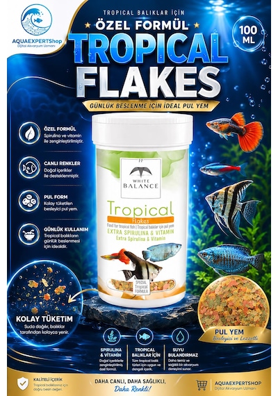 White Balance Tropical Flakes - Tropical Balık Yemi - Özel Formül - Zengin İçerik - Özel Türler İçin Besleyici - 100 Ml