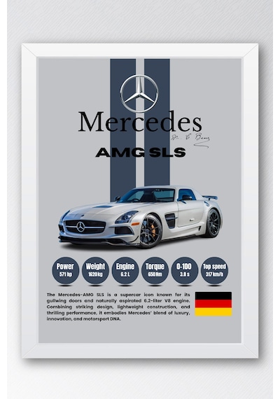 Mercedes Amg Sls Premium Spor Araba Çerçeveli Tablo - Teknik Özellikli Otomobil Sever Duvar Dekoru Beyaz Mercedes Amg Sls Premium Spor Araba Çerçeveli Tablo - Teknik Özellikli Otomobil Sever Duvar Dekoru Beyaz