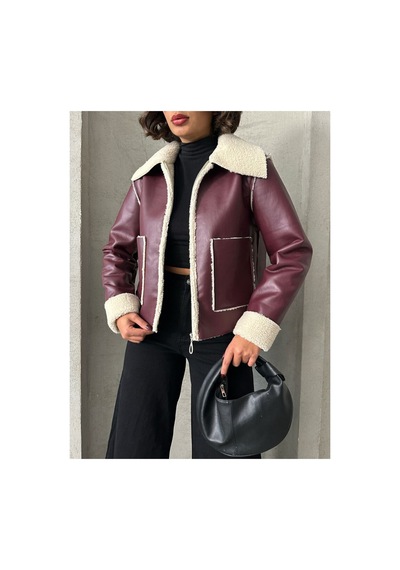 Verymoda Lamine Deri Fermuarlı F1511 Bordo Krem