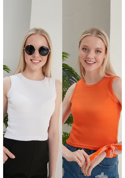 Catspy Kadın Halter Yaka 2'li Crop Bluz Atlet Beyaz - Turuncu