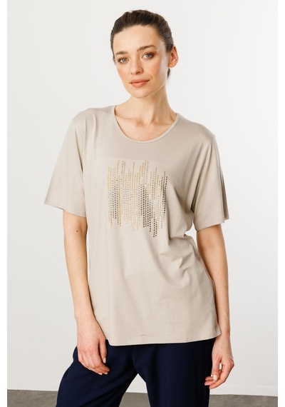 Kadın Sıfır Yaka Taş Baskılı Penye T-shirt Bej Bej