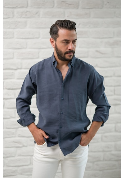 Regular Fit Yaka Düğmeli Yazlık Modal Kumaş Erkek Gömlek Antrasit