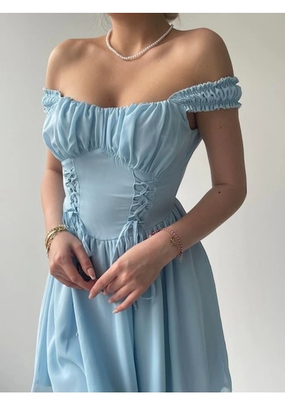 Defymoda Aria Büzgü Askılı Elbise Mavi