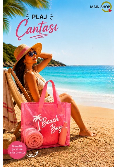 Mainshop Pembe Şeffaf Beach Bag Kadın Plaj Çantası Büyük Hacimli M-plj01