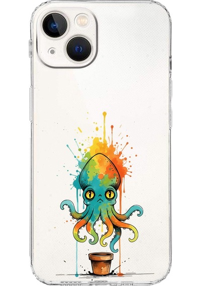 Apple Uyumlu iPhone 13 İle  Splash Ahtapot Tasarımlı Kamera Korumalı Şeffaf Silikon Kılıf 051a