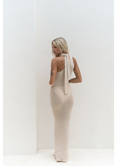 Mai Collection Mai Studios Co. Kamalas Asimetrik Triko Bej Uzun Elbise Bej