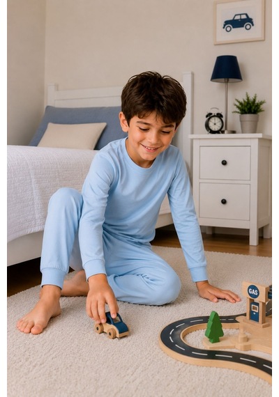 Zuzunga Soft Mavi %100 Pamuk Basic Erkek Çocuk Pijama Takımı
