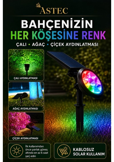 Astec Solar Güneş Enerjili Rgb Kazıklı Bahçe Aydınlatma Lambası 18w Dış Mekân Led Spot Çok Renkli