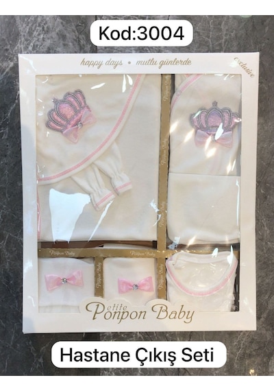 Ponpon Baby Kral Taçlı Desenli 10 Lu Hastane Cıkışı Seti Beyaz - Pembe
