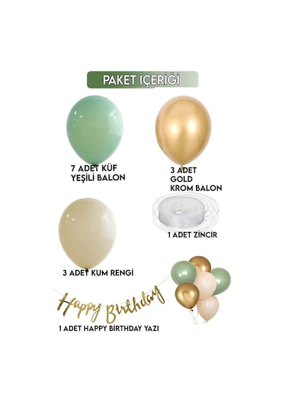 7 Küf Yeşili 3 Krom Gold 3 Kum Rengi Pastel Balon Gold Happy Birthday Banner Mini Zincir Balon Seti