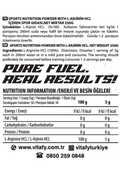 Vitafy Arginine Hcl 50 Servis Aromasız 250 G