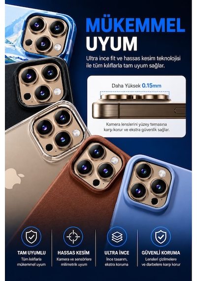 Apple iPhone Uyumlu  14 Pro / 14 Promax Altın Metal Kamera Lens Koruyucu Safir Cam Ultra Net Hd