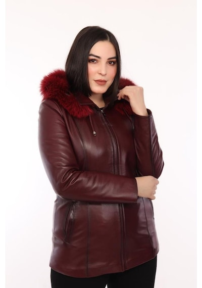 Hakiki Kuzu Derisi Kürklü Ceket Kadın Bordo Kışlık Suya Dayanıklı Ceket Bordo