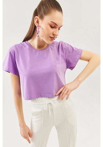 Kadın Rahat %100 Pamuklu Penye Bisiklet Yaka Kısa Kol Basic Crop T-shirt Lila