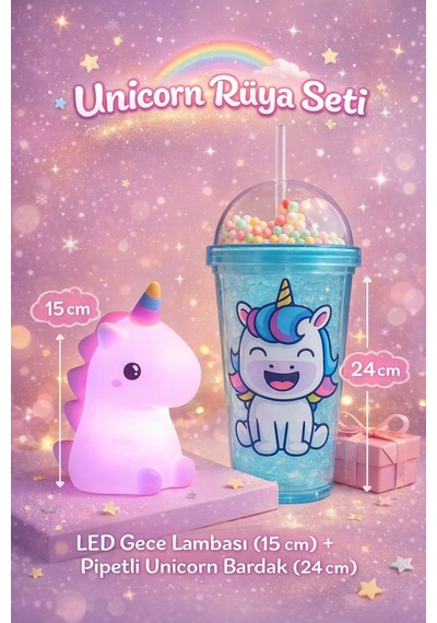 2 Li Set Işıklı Renkli Unicorn Figürlü Gece Lambası & Pipetli Boncuk Detaylı Suluk Bardak Mavi 450ml Set
