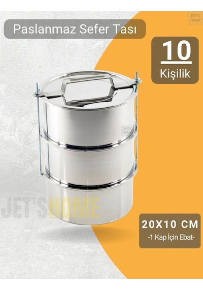 3 Lü Sefer Tası 20x10 Cm Yemek Taşıma Kabı Paslanmaz Çelik No:5 Kapasite 10 Kişilik Gri