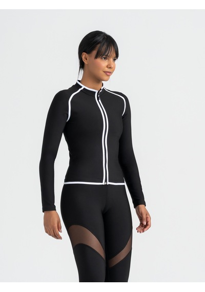 Lismina Lineedge Zip Beyaz Biyeli Siyah Uzun Kollu Spor Ceket Siyah - Beyaz