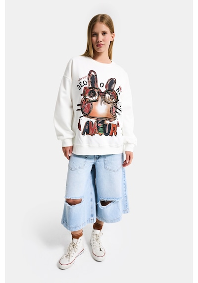 Kadın Beyaz W5 Oversize Baskılı %100 Koton Organik Kumaş Sweatshirt