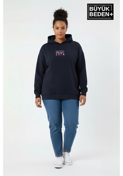 Süperlife Kadın Büyük Beden California 1974 Baskılı Kapüşonlu İnce Sweat Rahat Kalıp Hoodie Spr26bswk965 Lacivert