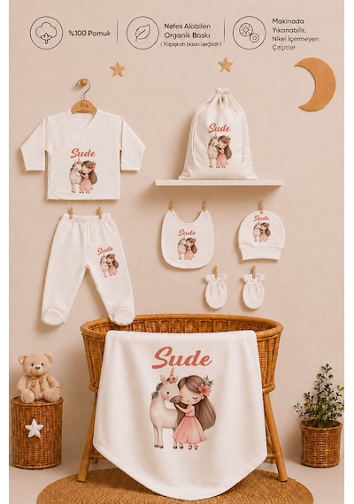 Pia Baby Kişiye Özel %100 Pamuk Kız Bebek Hastane Çıkışı Zıbın Seti 8 Parça Kese Hediyeli 1105zybk0x Krem