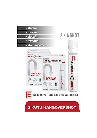Hangovershot Kafein, Taurin, Vitamin Ve Aminoasitler İçeren Gıda Takviyesi 2x4 Shot