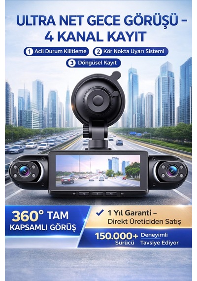 4 Kameralı 360 Araç İçi Kamera Full Hd 1080p Wifi Destekli Gece Görüşlü Döngüsel Kayıt Park Modu