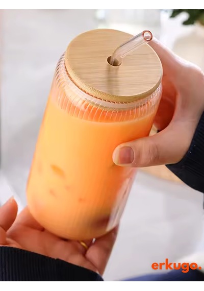 Bambu Kapaklı Pipetli Borosilikat Sunum Bardağı, Kahve Bardağı, Isı Dayanıklı Bardak 500 Ml Coollime2