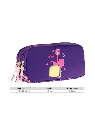 Kaukko Kids Üç Bölmeli Mor Pembe, Flamingo Baskılı, Kız Çocuk Okul Kalemliği - L8223 Mor - Sarı