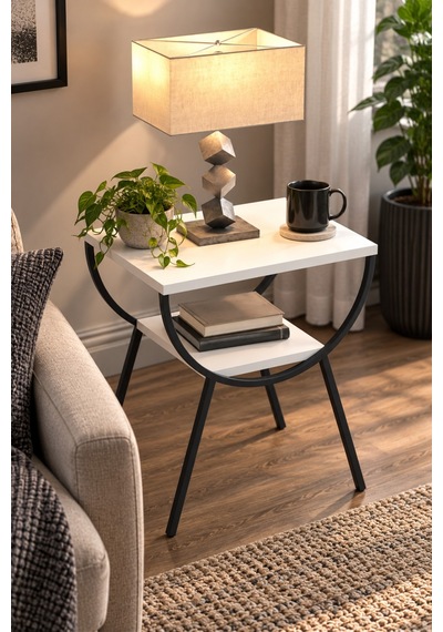 Sulorahome Metal Ayaklı Çift Raflı Beyaz Yan Sehpa Ve Komodin Beyaz - Siyah