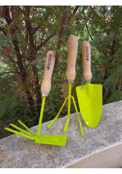 Mini Bahçe El Aletleri 3 Lü Set Dayanıklı Ahşap Saplı Çapa, Kürek, Tırmık Balkon Ve Saksı Bahçesi İçin